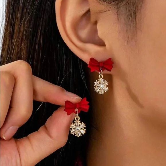 Chic Red Bow Earrings with Crystal Charm - Picture 1 of 3